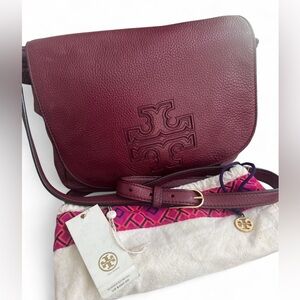 Tory Burch Harper Messenger Bag Purse Crossbody Pebble Leather Merlot Red